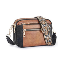 Stylish Triple-Zipper Crossbody Bag with Floral Embroidered Straps