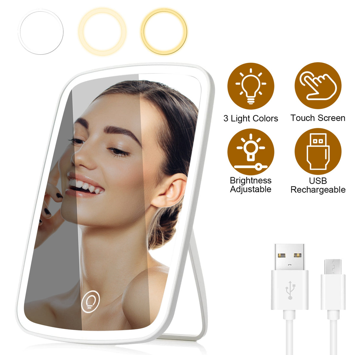 LED Lighted Makeup Mirror with Adjustable Brightness & 3 Color Modes, USB Rechargeable